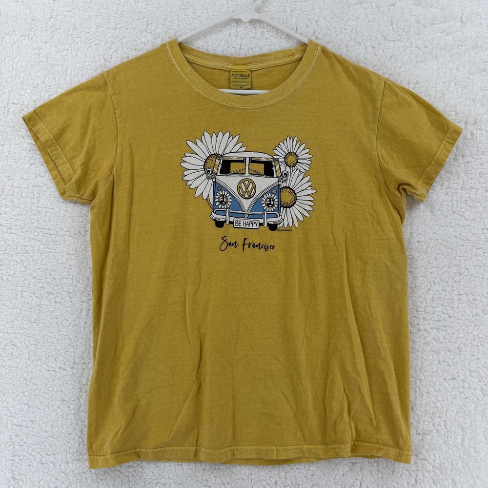 Crazy Shirts Womens Medium‎ Yellow Be Happy Bus San Francisco Daisy Graphic VW